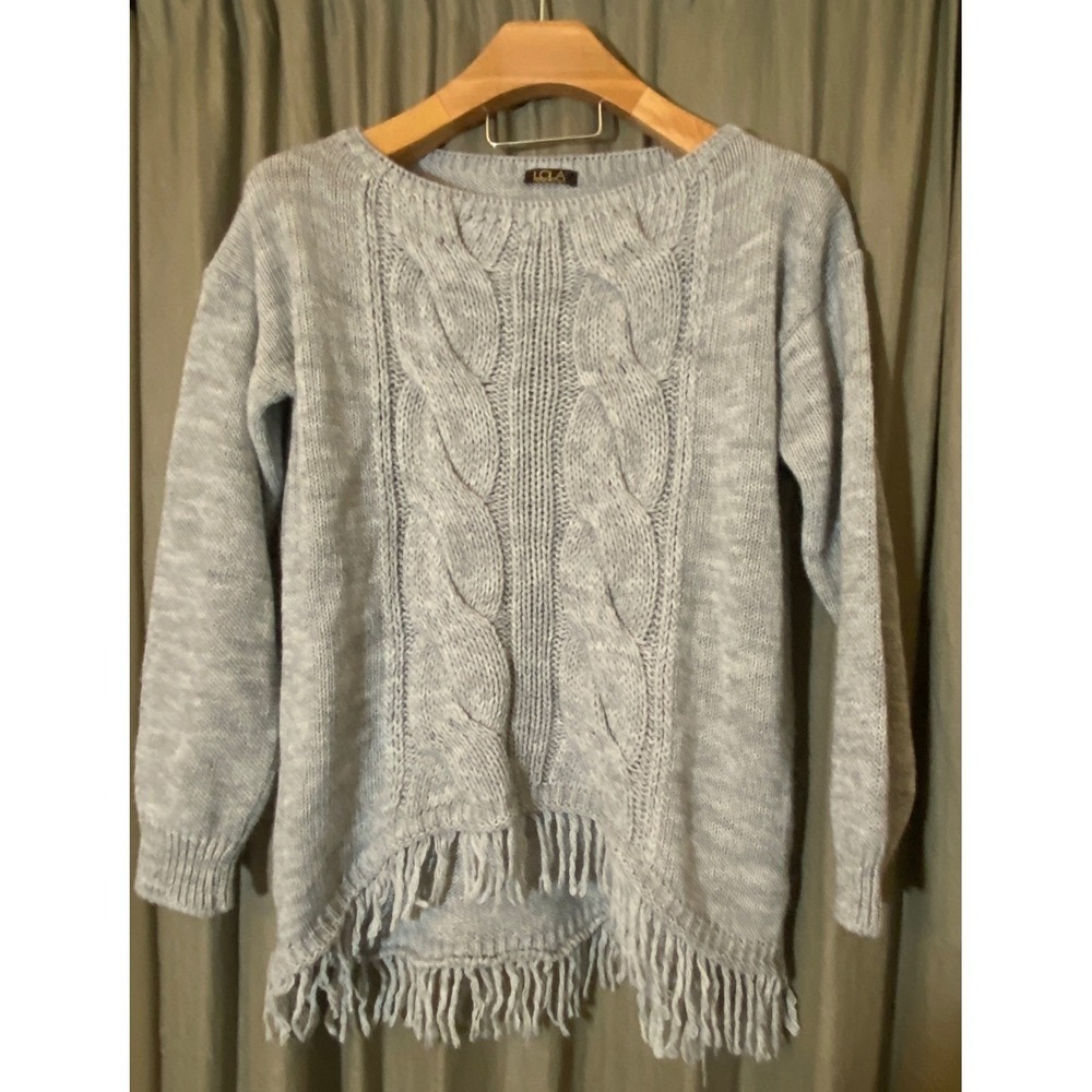 LOLA Grey Cable Knit Fringe Sweater Made‎ in Italy Women